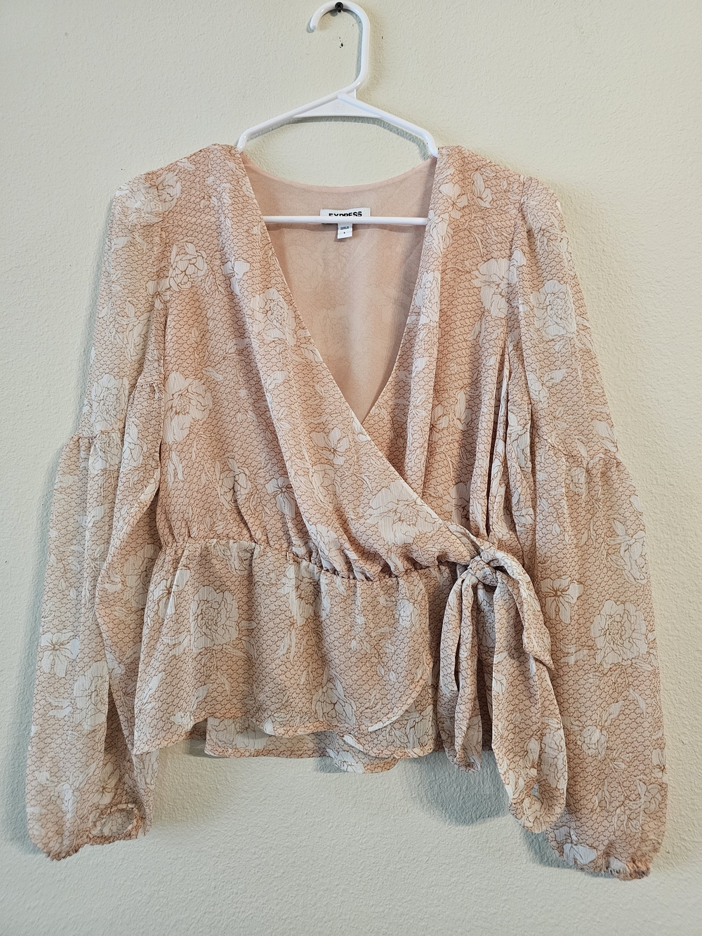 Express Blush Pink Floral Wrap Tie Peplum Blouse